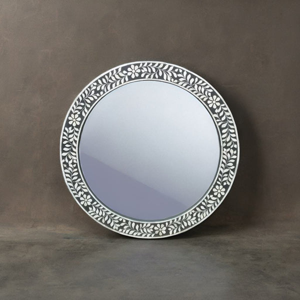 Bone Inlay Round Floral Black White Wall Mirror Frame