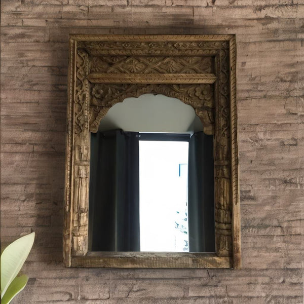 Hand Carved Modern Mango Solid Wood Natural Finish Mirror Frame