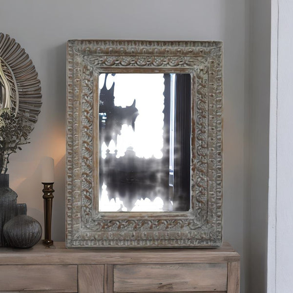 Hand Carved Modern Mango Solid Wood Whitewashed Finish Mirror Frame