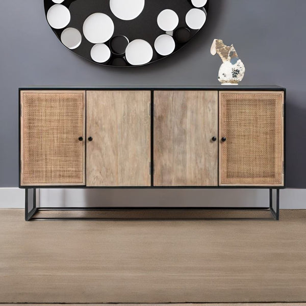 Modern Rattan Mango Solid Wood Natural Finish Iron Base Sideboard