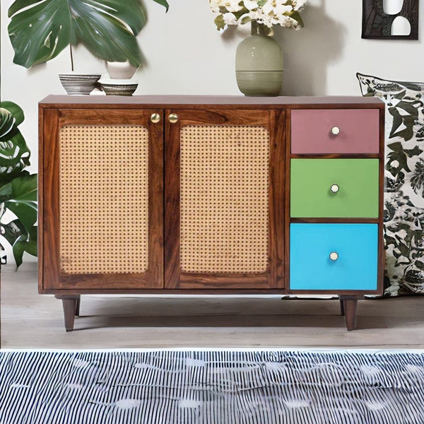Modern Rattan Mango Solid Wood Brown Finish Sideboard