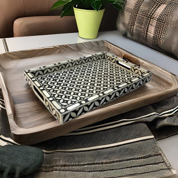 Bone Inlay Solid Wood Rectangle Geometric Pattern Serving Tray