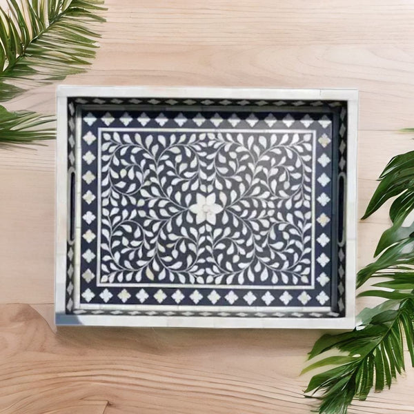Bone Inlay Solid Wood Rectangle Floral Pattern Serving Tray
