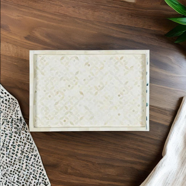 Bone Inlay Solid Wood Rectangle Lattice Pattern Serving Tray