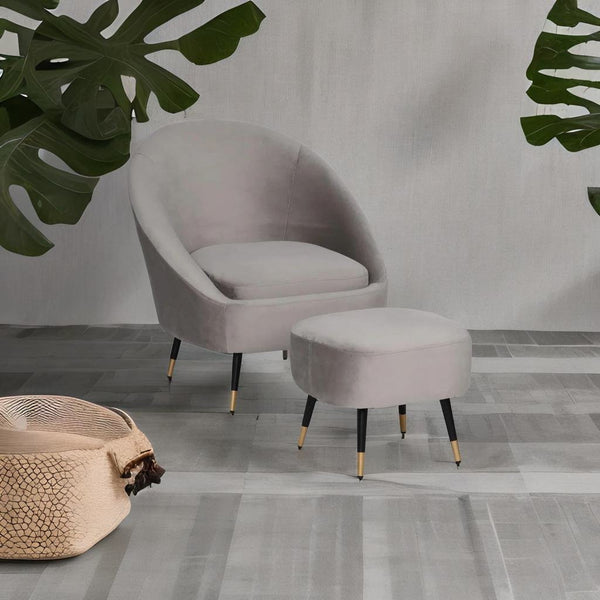 Elizabeth Premium Velvet Fabric Grey Color Barrel Chair and Stool