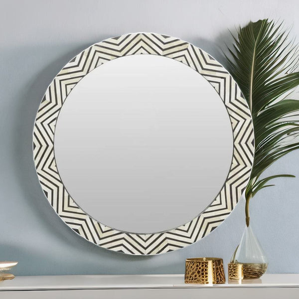 Bone Inlay Zig-zag Black Round Large Wall Mirror