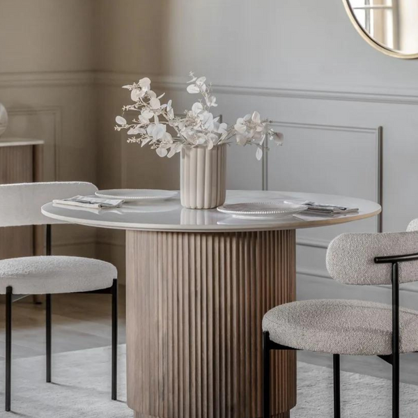 Antalya Modern Fluted Round Marble Top Dining Set With Boucle Chairs - 4 Seater, 6 Seater - All Sizes