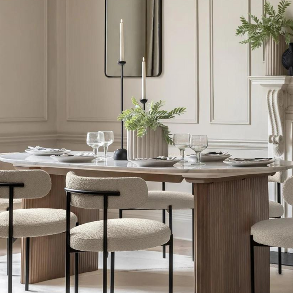 Antalya Modern Fluted Curve Marble Top Dining Set With Boucle Chairs - 4 Seater, 6 Seater - All Sizes