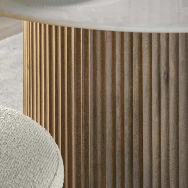 Antalya Modern Fluted Round Marble Top Dining Set With Boucle Chairs - 4 Seater, 6 Seater - All Sizes