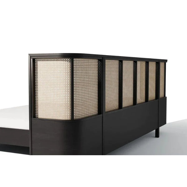 Rio Classic Solid Wood Rattan Bed With Attached Side Table In Black Finish -All sizes