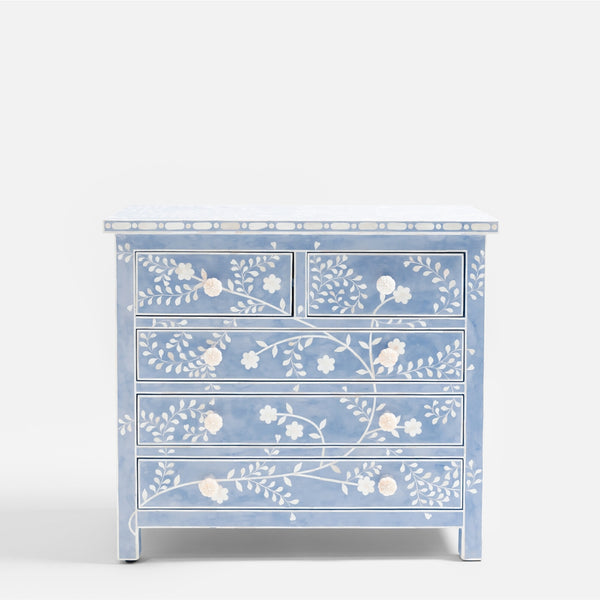 Blue Toki Bone Inlay Chest of 5 Drawers