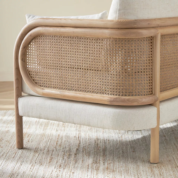 Classic Rattan Solid Wood 3 Seater Fabric Sofa- Natural Finish