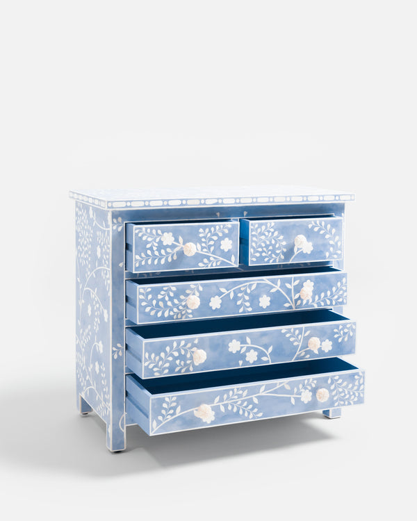 Blue Toki Bone Inlay Chest of 5 Drawers