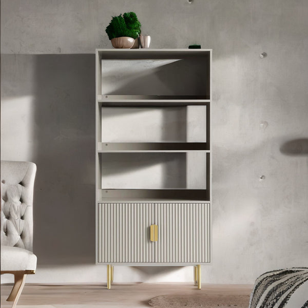 Modern Solid Wood Tall Bookcase With Doors - Taupe Finish