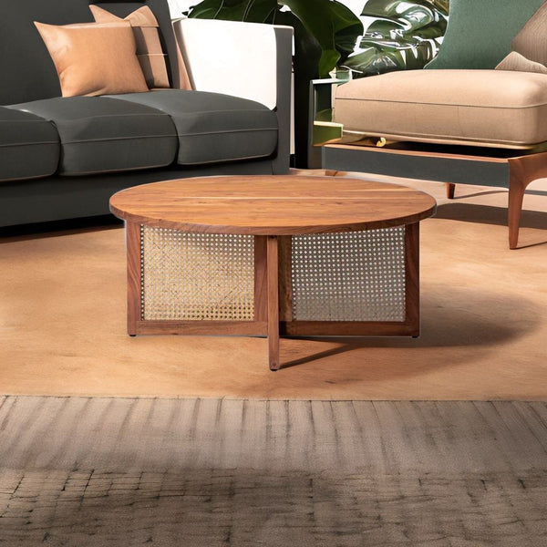 Solid Wood Rattan Coffee Table - Natural Finish