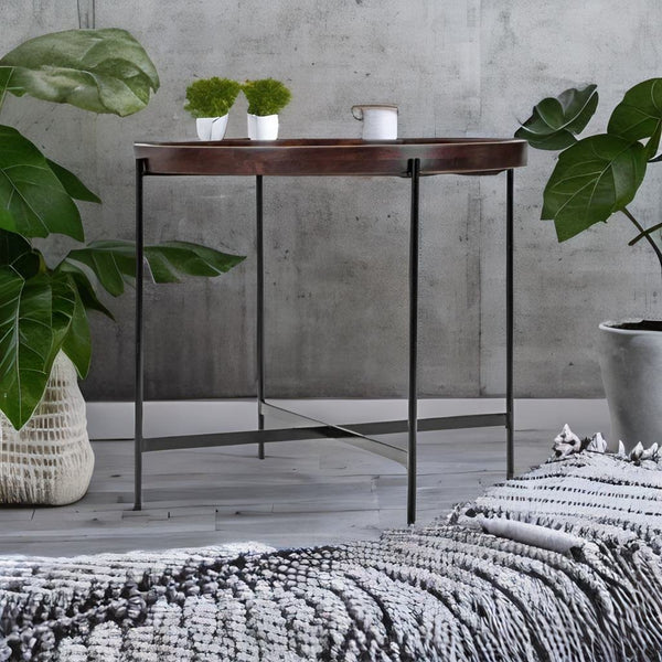 Sheesham Solid Wood Round Metal End Table