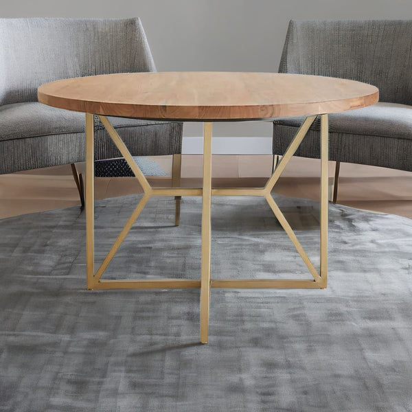 Solid Wood and Stainless Steel Dining Table | Natural Finish/Gold
