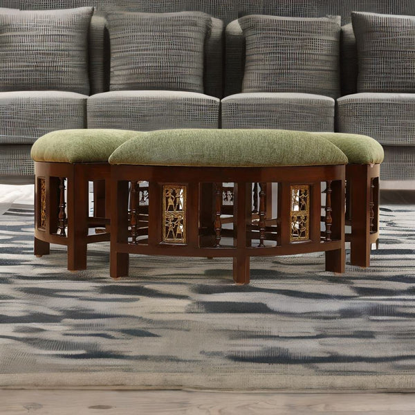 Classic Solid Sheesham Wood and Fabric Foot Stool Set of 4