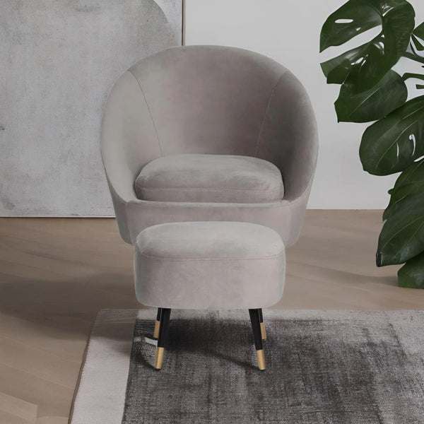 Elizabeth Premium Velvet Fabric Grey Color Barrel Chair and Stool