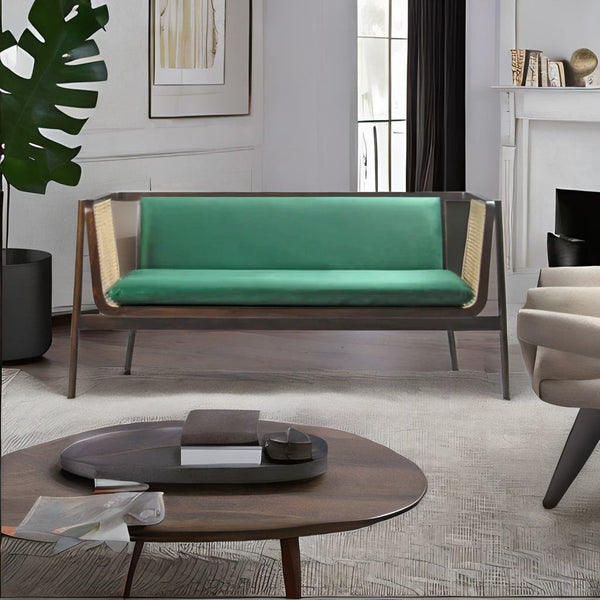 Classic Rattan Sheesham Solid Wood and Fabric Green 3 Seater Fabric Sofa