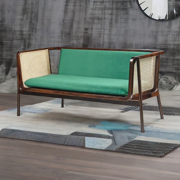 Classic Rattan Sheesham Solid Wood and Fabric Green 3 Seater Fabric Sofa