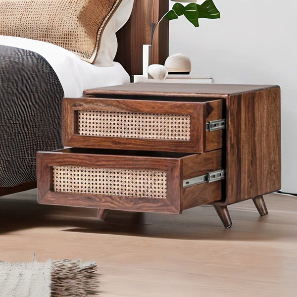 Classic Rattan Sheesham Solid Wood Brown Finish Bedside Table