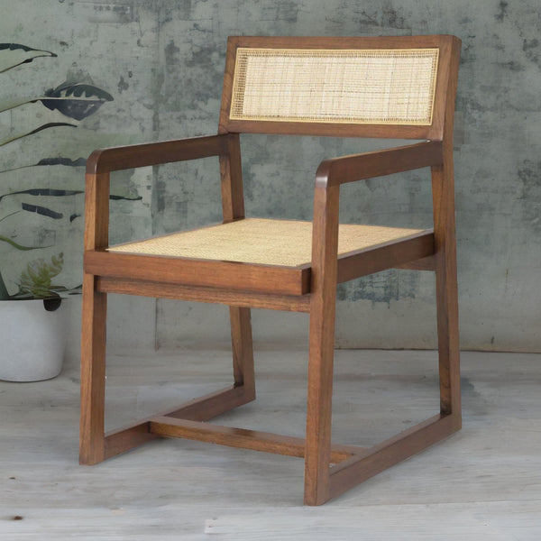 Modern Rattan Solid Wood Dining Chair - Brown Finish