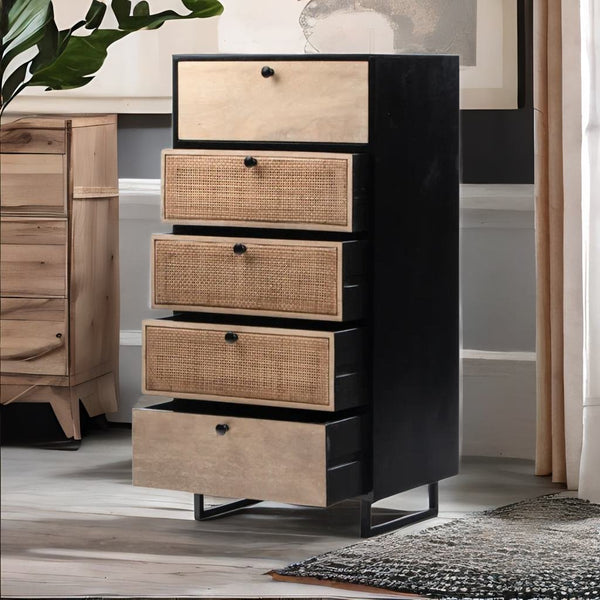 Modern Rattan Mango Solid Wood Iron Base Chest Of 5 Drawers