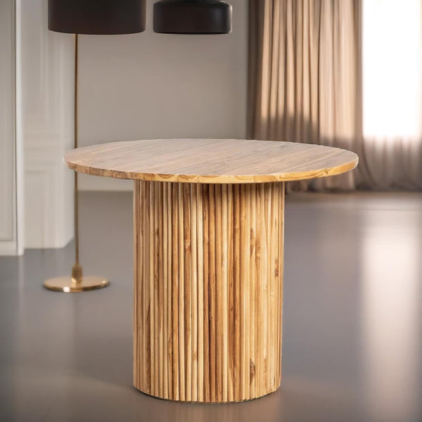 Classic Teakwood 4 Seater Round Dining Table Set With Leather Chairs