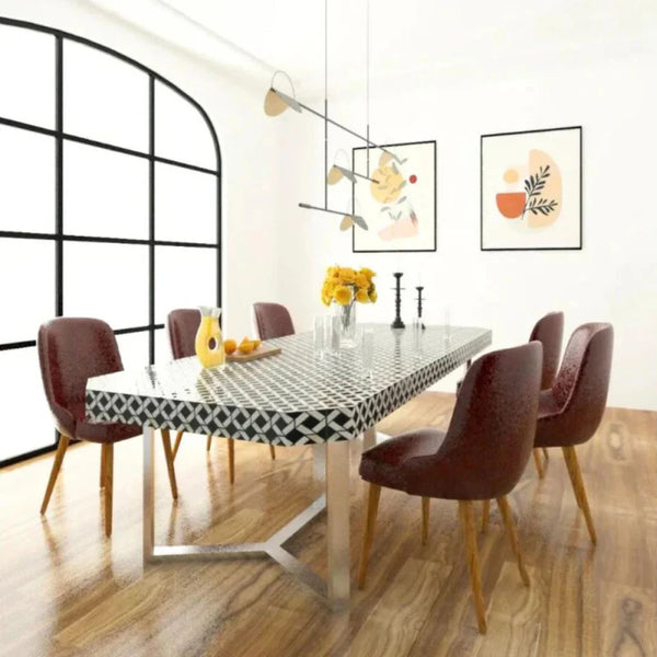 Bone Inlay Black And White 8 Seater Dining Table With Iron Base