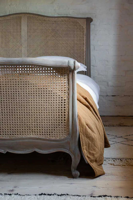 Colonial Antique Solid Wood Rattan Bed In Rustic White- All Sizes