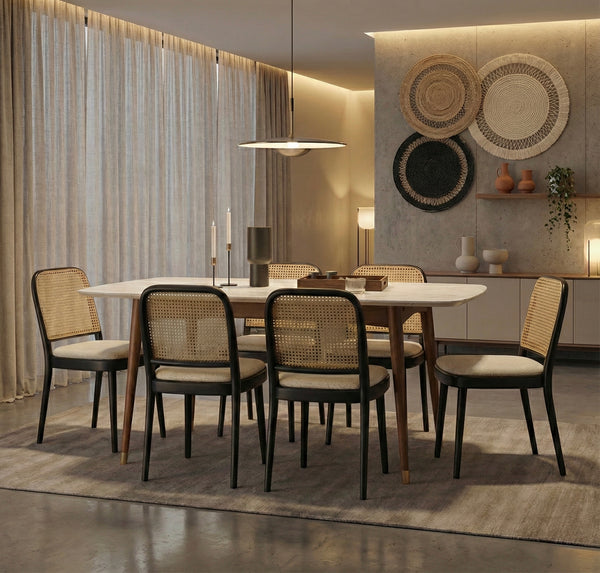 Berlin Teak Wood Solid Wood Dining Table Set Rattan Chairs- 4 Seater, 6 Seater - All Sizes