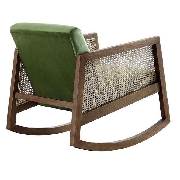 Traditional Solid Wood Rattan Rocking Armchair - Green Velvet with Walnut Finish