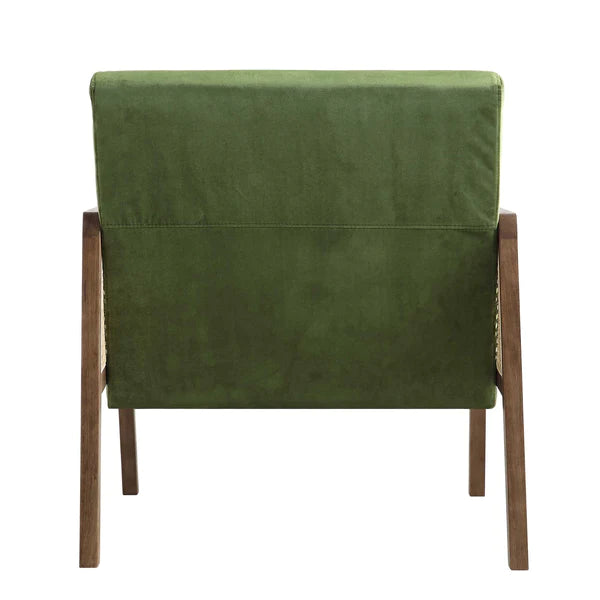 Solid Wood Green Velvet Walnut Frame Rattan Armchair