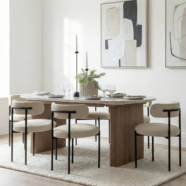 Antalya Modern Fluted Curve Marble Top Dining Set With Boucle Chairs - 4 Seater, 6 Seater - All Sizes