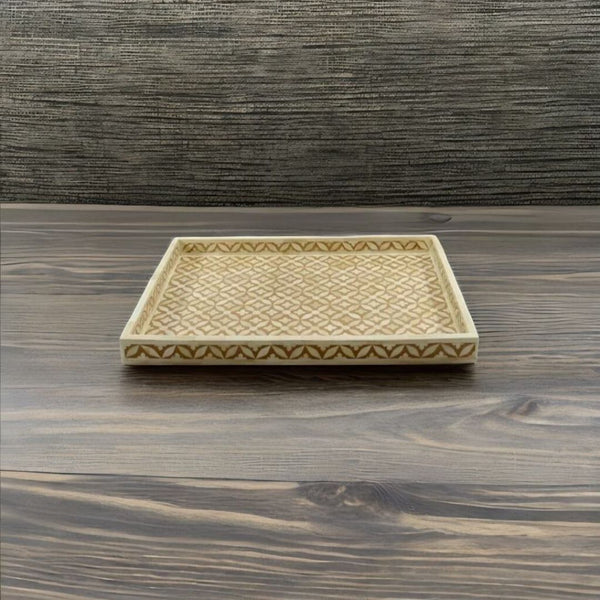 Bone Inlay Rectangle White Serving Tray - Lattice Pattern