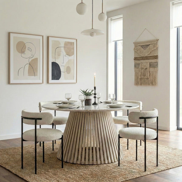 Antalya Modern Round Marble Top Dining Set With Boucle Chairs - 4 Seater, 6 Seater - All Sizes