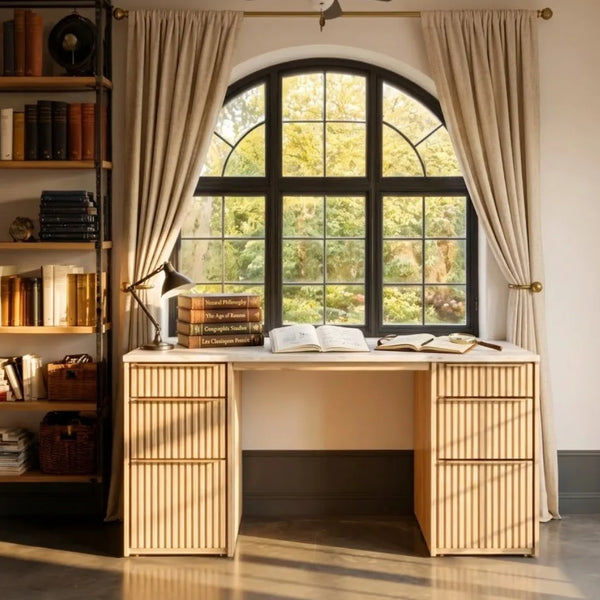 Antalya Natural Oak Wood Desk With White Marble Top