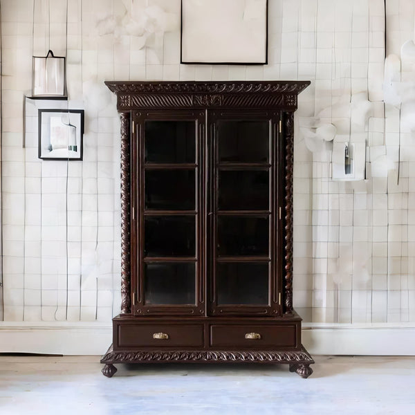 Traditional & Classic Carved Teakwood Glass Front Cabinet With Pillars