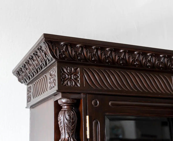 Traditional & Classic Carved Teakwood Glass Front Cabinet With Pillars