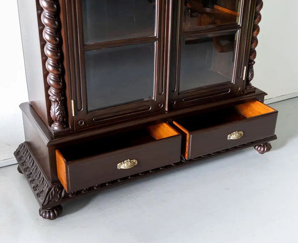 Traditional & Classic Carved Teakwood Glass Front Cabinet With Pillars