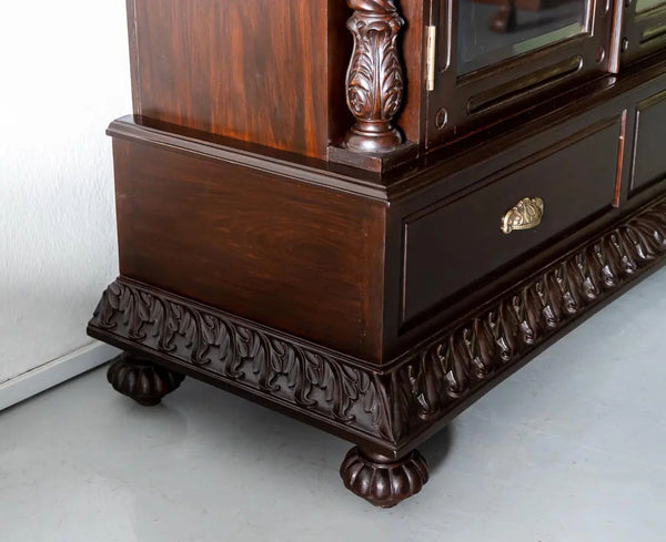 Traditional & Classic Carved Teakwood Glass Front Cabinet With Pillars