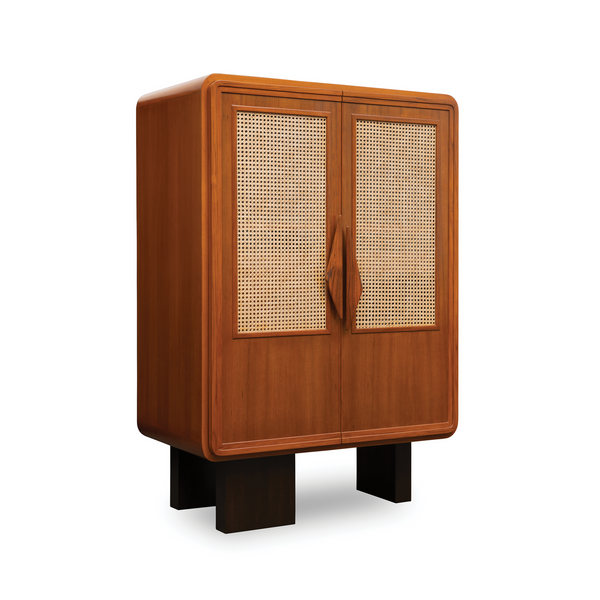 Arco Mid-Century Rattan Wood Bar Cabinet