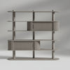 Wooden bookshelf with wicker accents on a brown background