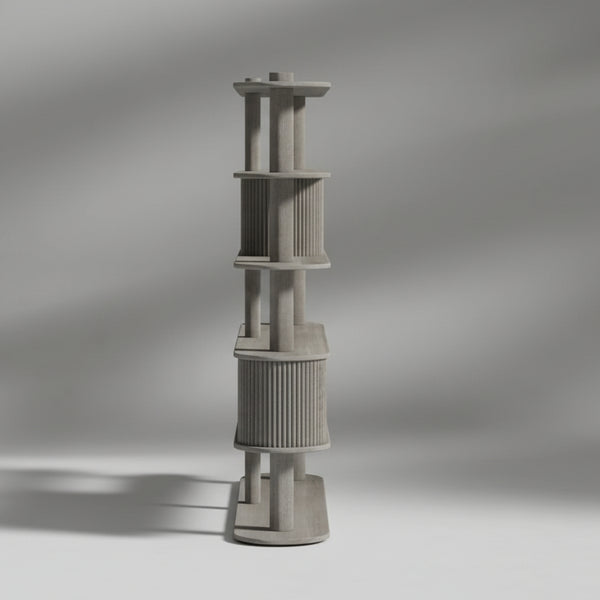 Tall, cylindrical architectural model on a gray background