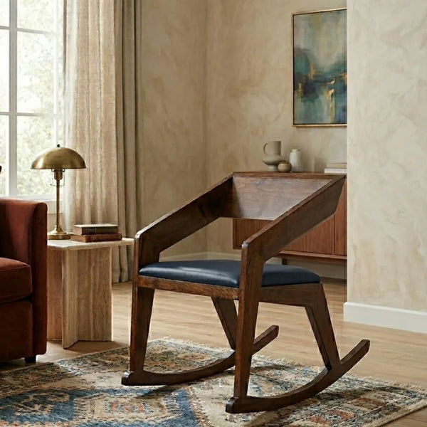Atlantis Solid Wood Rocking Chair in Brown & Dark Blue Colour