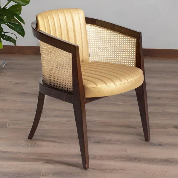 Classic Rattan Solid Wood Leather Arm Chair - Golden Finish