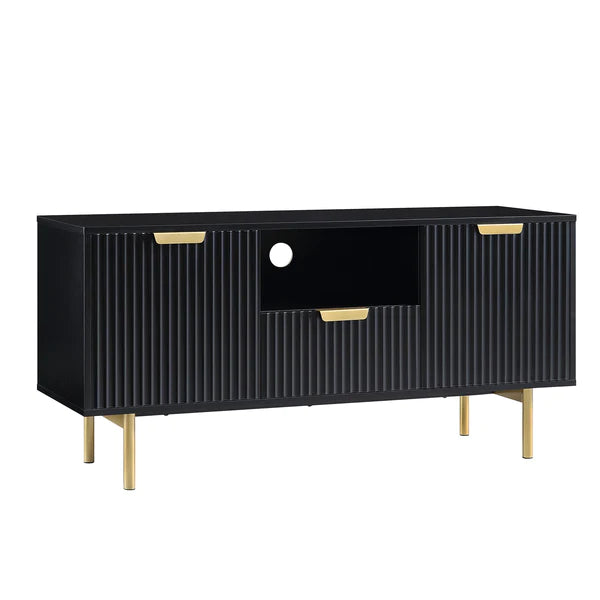 Solid Wood Stripped Design Wide Tv Media Unit - Black Finish