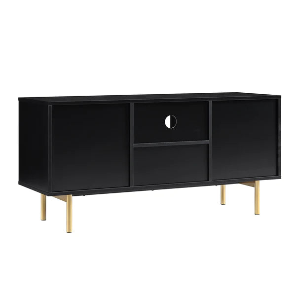 Solid Wood Stripped Design Wide Tv Media Unit - Black Finish