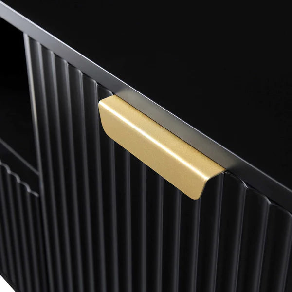 Solid Wood Stripped Design Wide Tv Media Unit - Black Finish